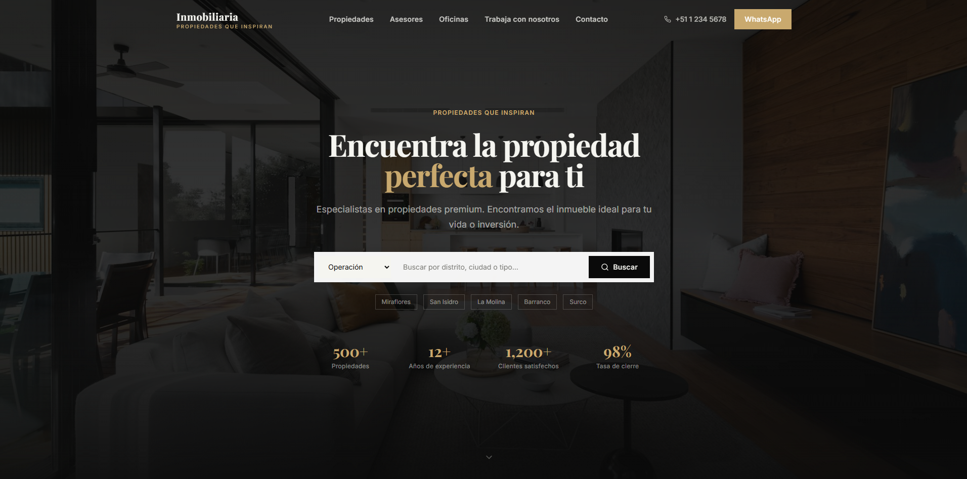 Vista previa del Sistema Inmobiliario Premium — catálogo de propiedades con filtros y panel de administración